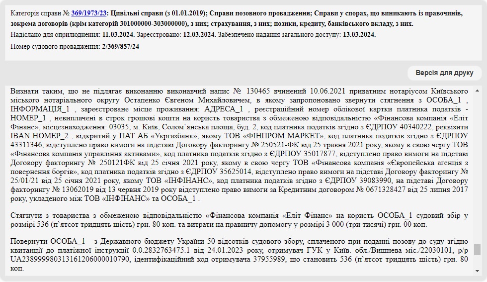 Справа № 369/1973/23: Скасували виконавчий напис нотаріуса від ТОВ Еліт Фінанс
